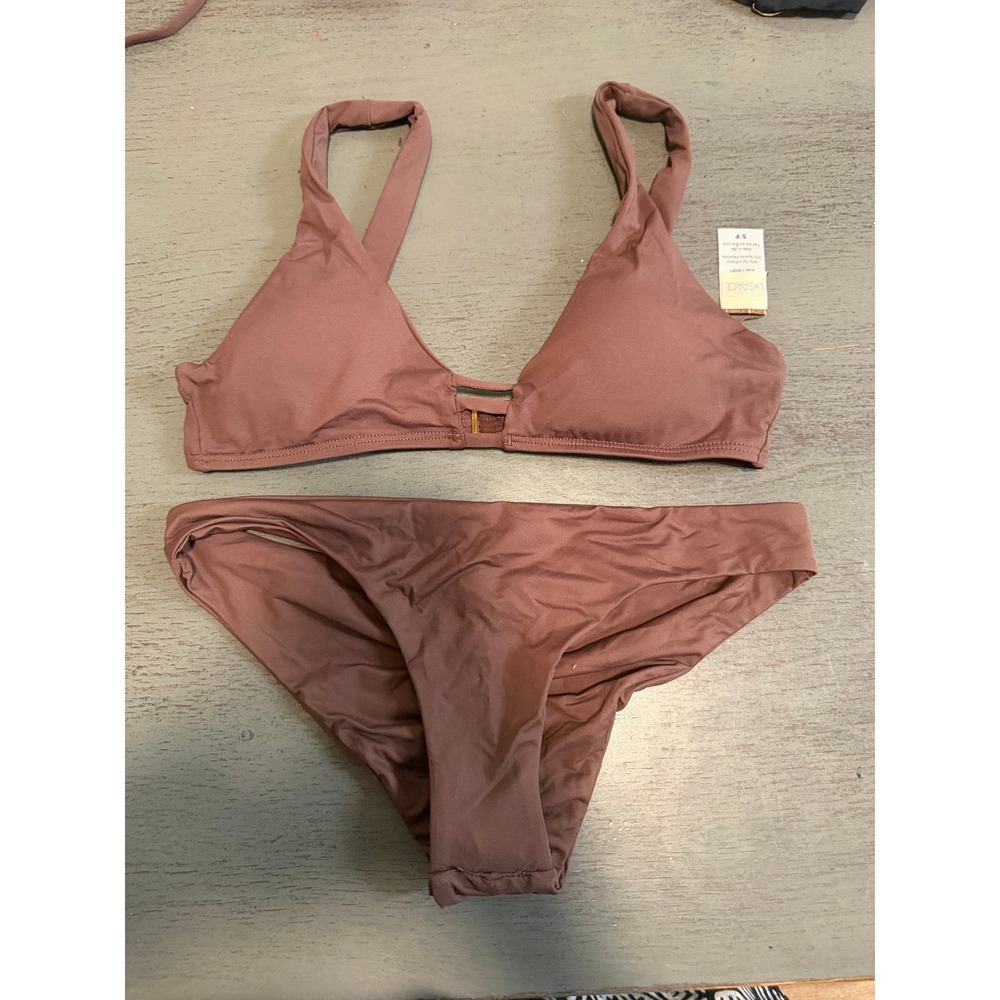 L Space Mauve Brown Ruched Back Bikini Set Small Front Clasp Triangle Top